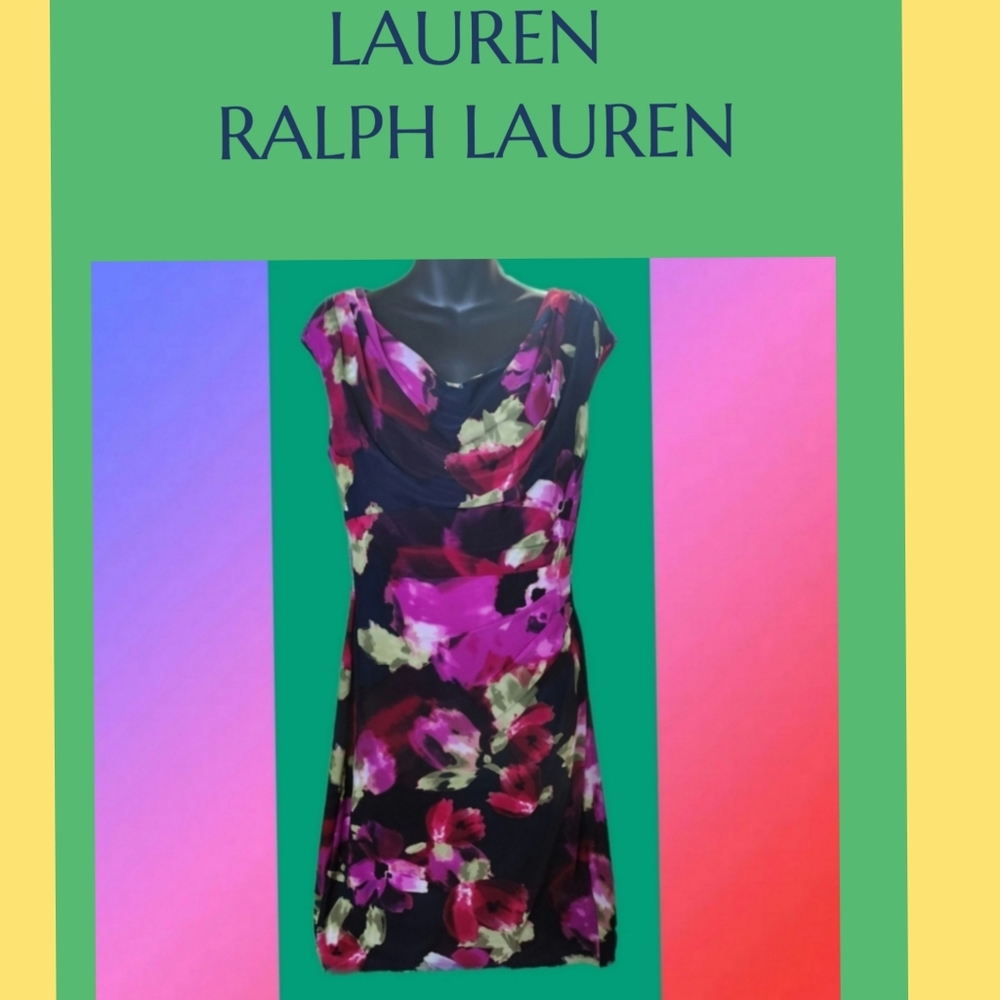 LAUREN RALPH LAUREN FLORAL PRINT COWL NECK RUCHED SLEEVELESS DESIGNER DRESS